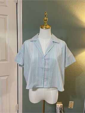 NWT Florence Sunburst Striped Sleep V Neck Collared Button Shirt Size S Seaglass